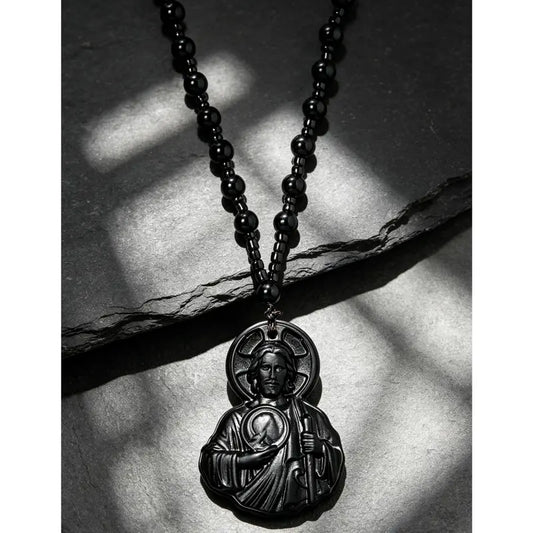 Natural Obsidian Jesus Sacred Heart Pendant Chain Necklace, Catholic Faith Amulet, Long Length Unisex Religious Jewelry, Men'S Unique Casual Wear Costume Accessory