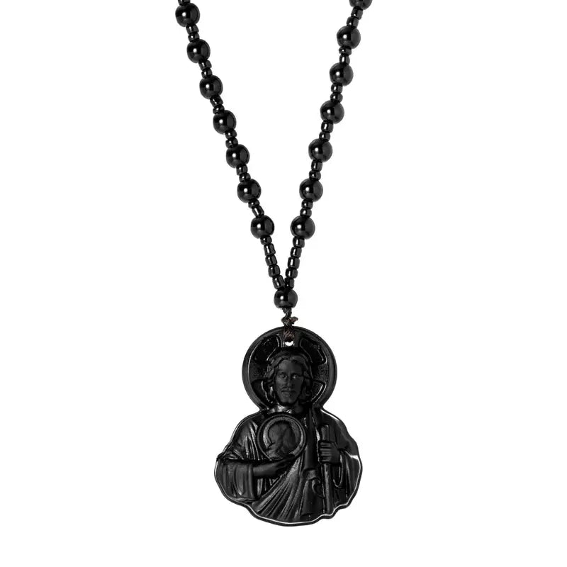 Natural Obsidian Jesus Sacred Heart Pendant Chain Necklace, Catholic Faith Amulet, Long Length Unisex Religious Jewelry, Men'S Unique Casual Wear Costume Accessory